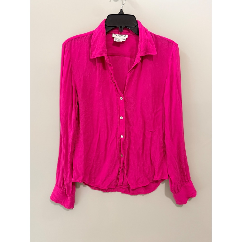 Tracy M Womens Hot Pink Silk Blend Long Sleeve Button Down Blouse Size M